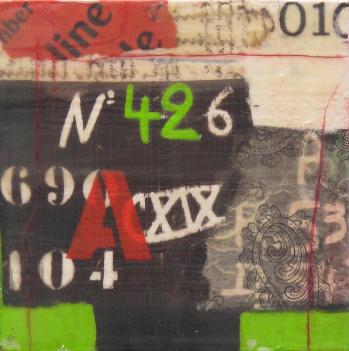 Zahlenwürfel II, 2011, Acryl, Collage, Wachs auf Holz, 20 x 20 cm